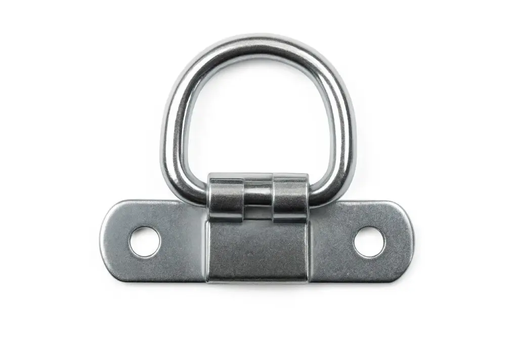 Metallische Bügelkrampe mit einer runden Öse und zwei Befestigungslöchern zur Montage.