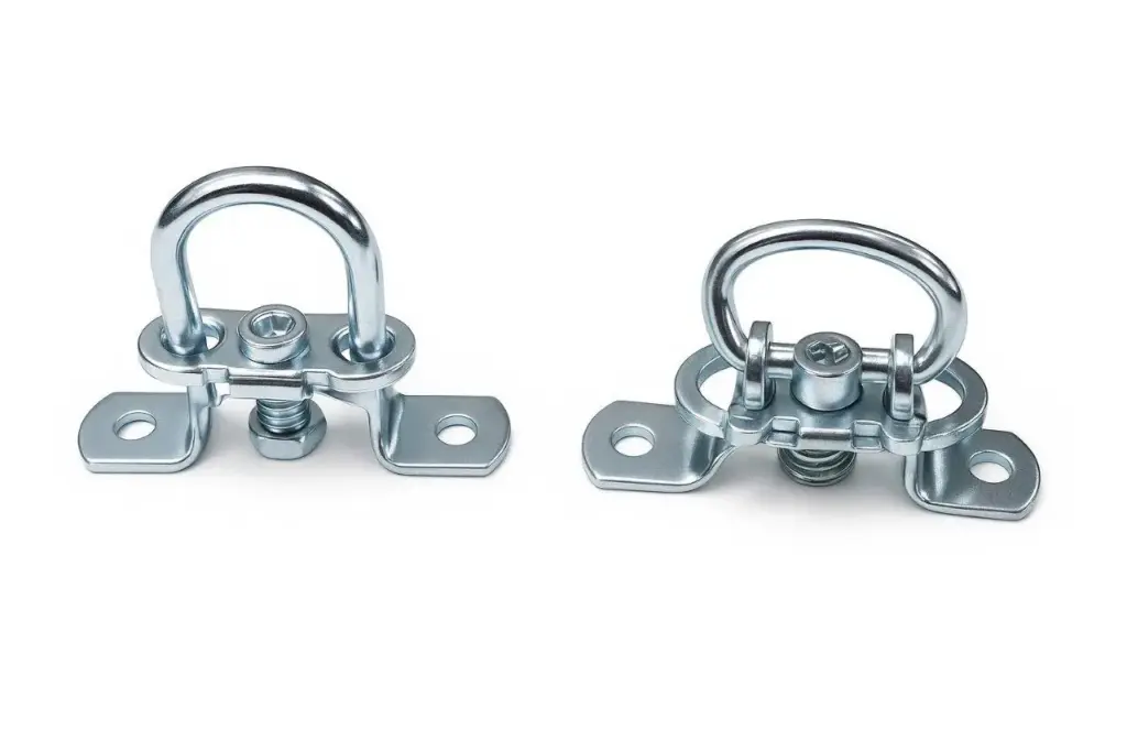 Zwei metallene Drehverschlüsse mit Schrauben und Befestigungselementen in silberner Farbe, geeignet für verschiedene Anwendungen.
